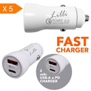 LILLI 5 ALIMENTATORI AUTO USB-A e USB-C BIANCO