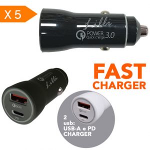 LILLI 5 ALIMENTATORI AUTO USB-A e USB-C NERO